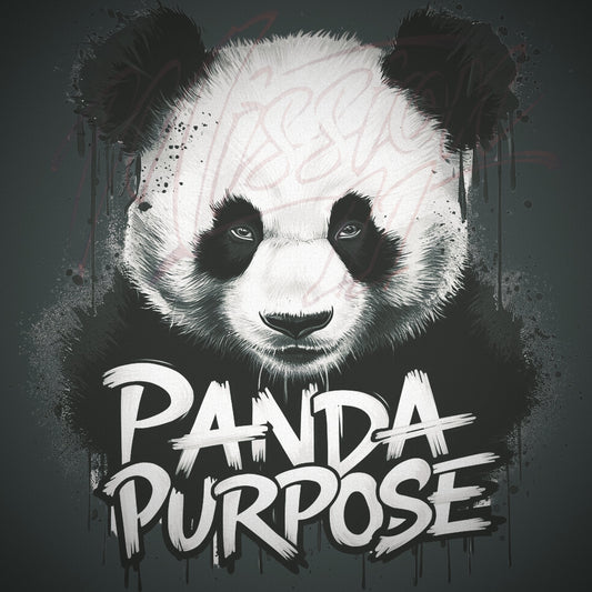 A powerful illustration of a panda's face with the words "Panda Purpose" in bold white text. The panda's intense expression and the dark, textured background with graffiti elements highlight the concept of discovering and embracing one's purpose in life.