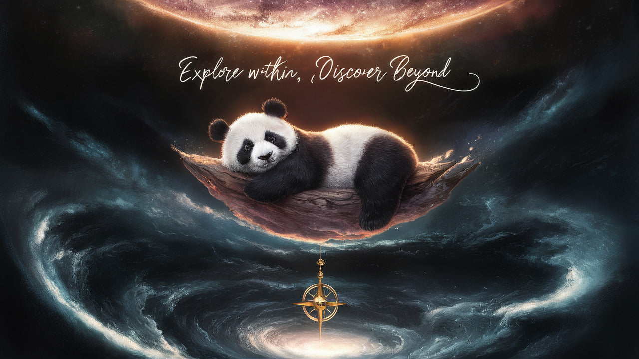 Mission 11 cosmic panda floating in a celestial galaxy with a glowing compass, symbolizing the journey to find purpose and direction. Inspirational and spiritual artwork featuring a panda and compass in space, perfect for those seeking guidance and motivation.