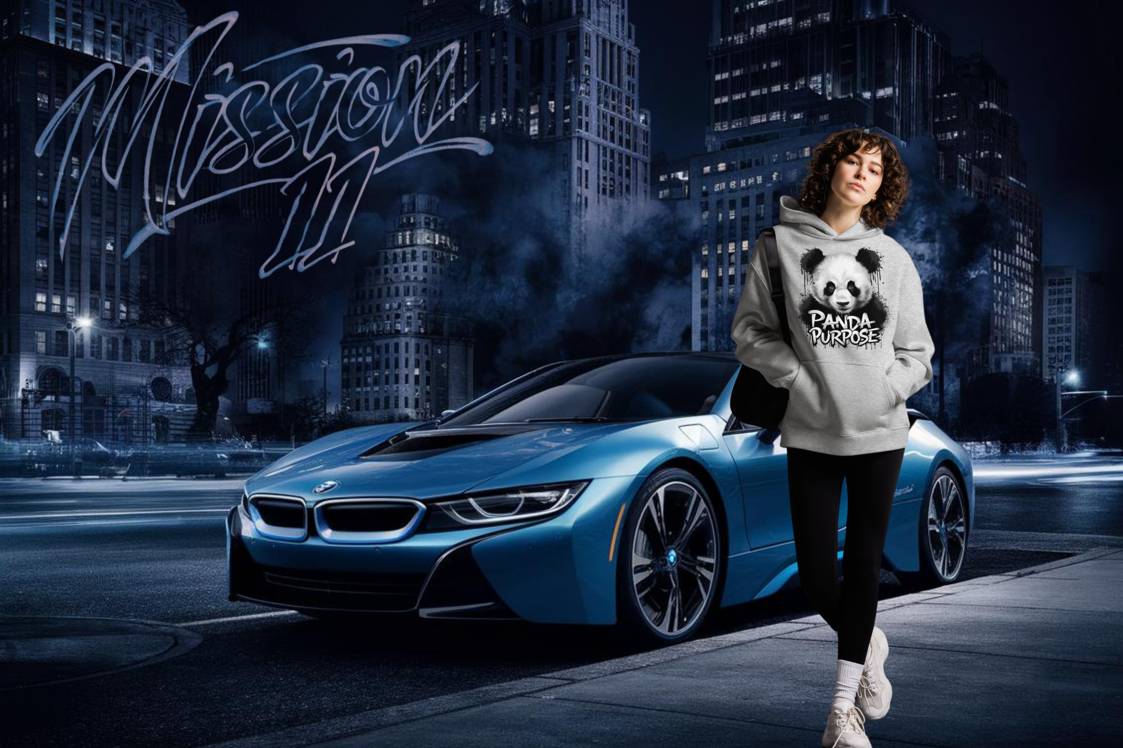 Mission 11 fashion - woman in a Panda Purpose hoodie standing confidently in front of a sleek blue BMW sports car at night in the city. Perfect apparel for those finding purpose and making a statement with Mission 11's unique streetwear