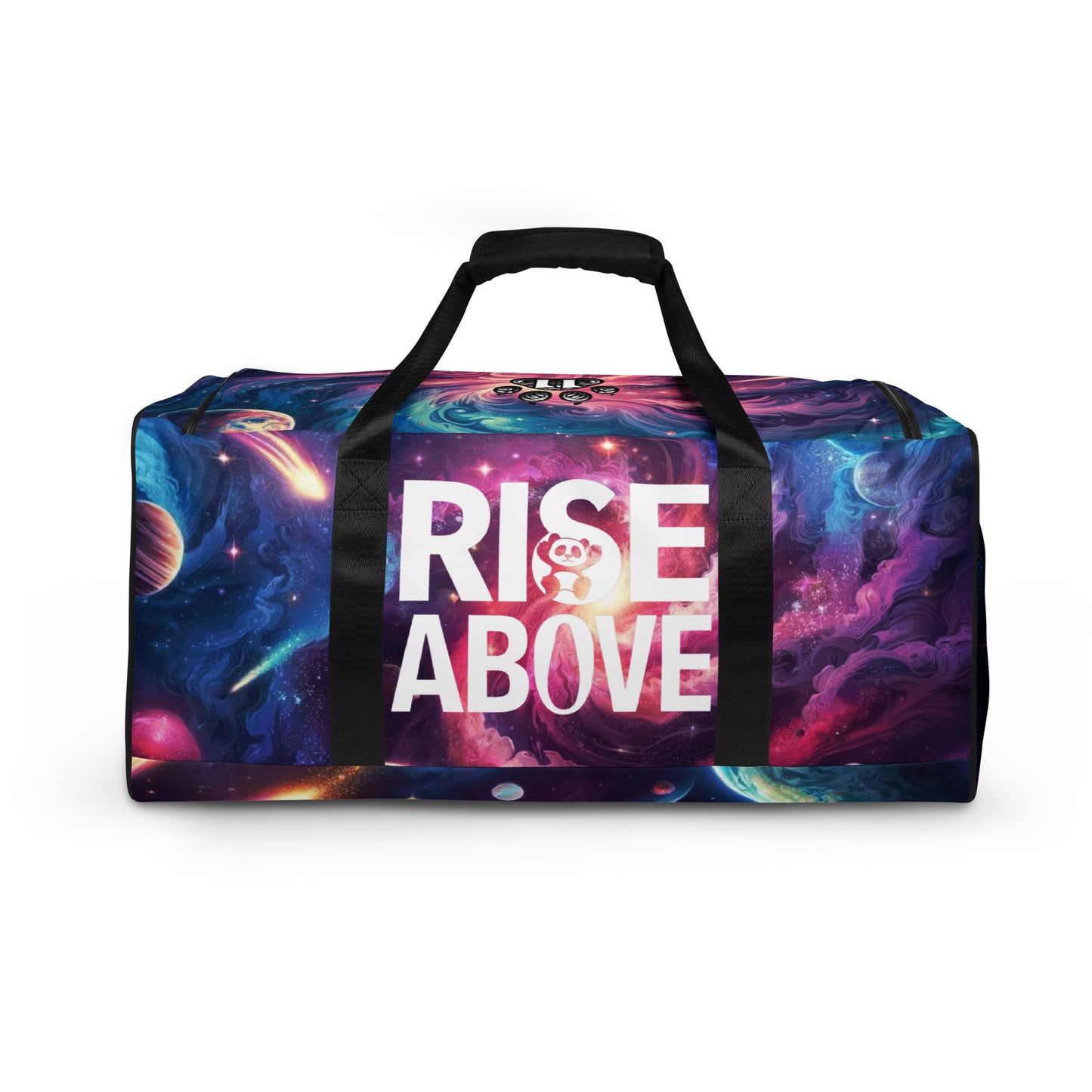 Front View of "Rise Above" Duffle Bag Showcasing Bold Motivational Text and Cosmic Galaxy Print – Ideal for Fitness Enthusiasts, Travel Adventures, and Daily Activities with Durable Handles for Easy Carrying.