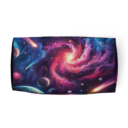 Top View of "Growth Mindset" Duffle Bag with Colorful Galaxy Design – Ideal Gym Bag for Fitness Enthusiasts Featuring Inspirational Quotes, Stunning Artistic Graphics, and Ample Space for All Your Workout Gear and Accessories