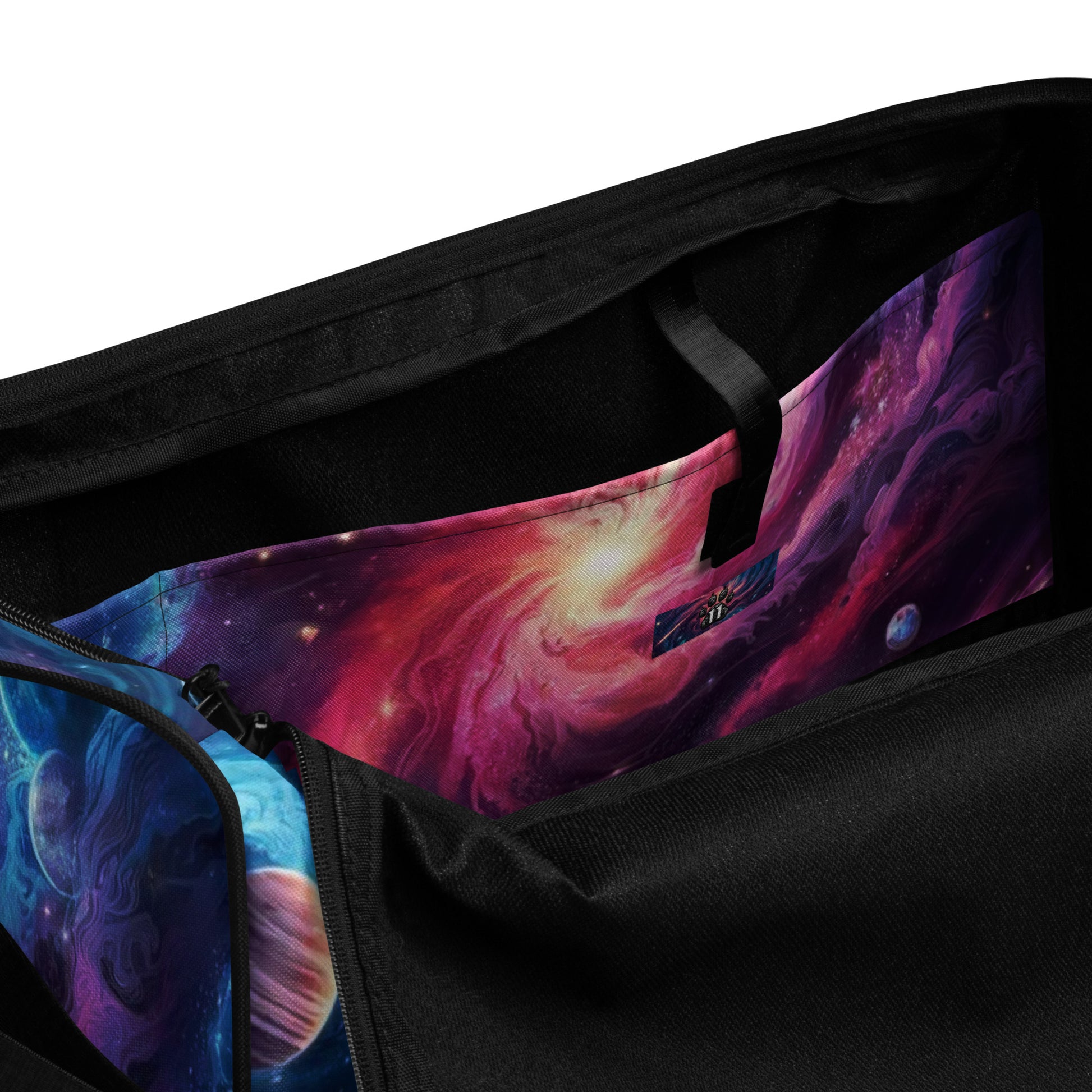 Interior View of "Growth Mindset" Duffle Bag Featuring Spacious Main Compartment with Vibrant Galaxy Print Lining – Perfect for Gym Essentials, Travel Gear, and Everyday Use with Convenient Zippered Pocket for Valuables