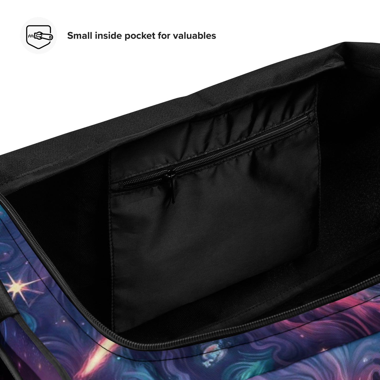 Inside View of a "Growth Mindset" Duffle Bag with Colorful Galaxy Design – Featuring a Small Inside Pocket for Valuables, Perfect for Fitness Enthusiasts Looking for a Stylish and Functional Gym Bag with Inspirational Quotes and Unique Artistic Graphics