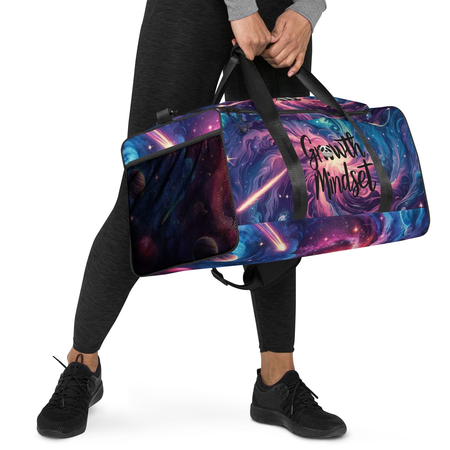 Side View of "Growth Mindset" Duffle Bag with Cosmic Galaxy Print – Perfect for Gym, Travel, and Everyday Use. Features Sturdy Handles and Spacious Compartments for Optimal Storage and Convenience.