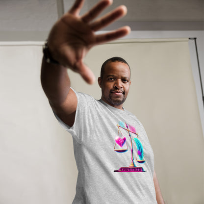 Stylish Black Man Wearing a Light Grey T-Shirt with a Heart and Feather Scale Design, Symbolizing Ma'at – Showcasing Modern Urban Fashion for Men with Symbolic Art Representing Balance and Justice, Captured in a Studio Setting