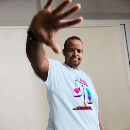 Stylish Black Man Wearing a Light Blue T-Shirt with a Design Depicting a Heart and Feather on a Scale, Inspired by Ma'at – Showcasing Modern Urban Fashion for Men with Symbolic Art Representing the Balance of Truth and Justice, Captured in a Studio Setting