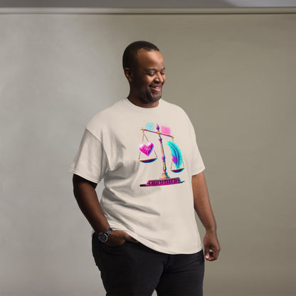 Stylish Black Man Wearing a Cream T-Shirt with a Vibrant Scale Design Featuring a Heart and a Feather – Showcasing Modern Urban Fashion for Men with Symbolic Art Representing Balance and Equality, Captured in a Studio Setting