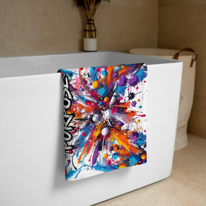 Colorful "Panda Purpose" Beach Towel with Abstract Design Draped Over a White Bathtub – Showcasing Artistic and Inspirational Bathroom Accessories with Vibrant Graphics, Perfect for Enhancing Modern Bathroom Decor and Adding a Splash of Color to Your Space