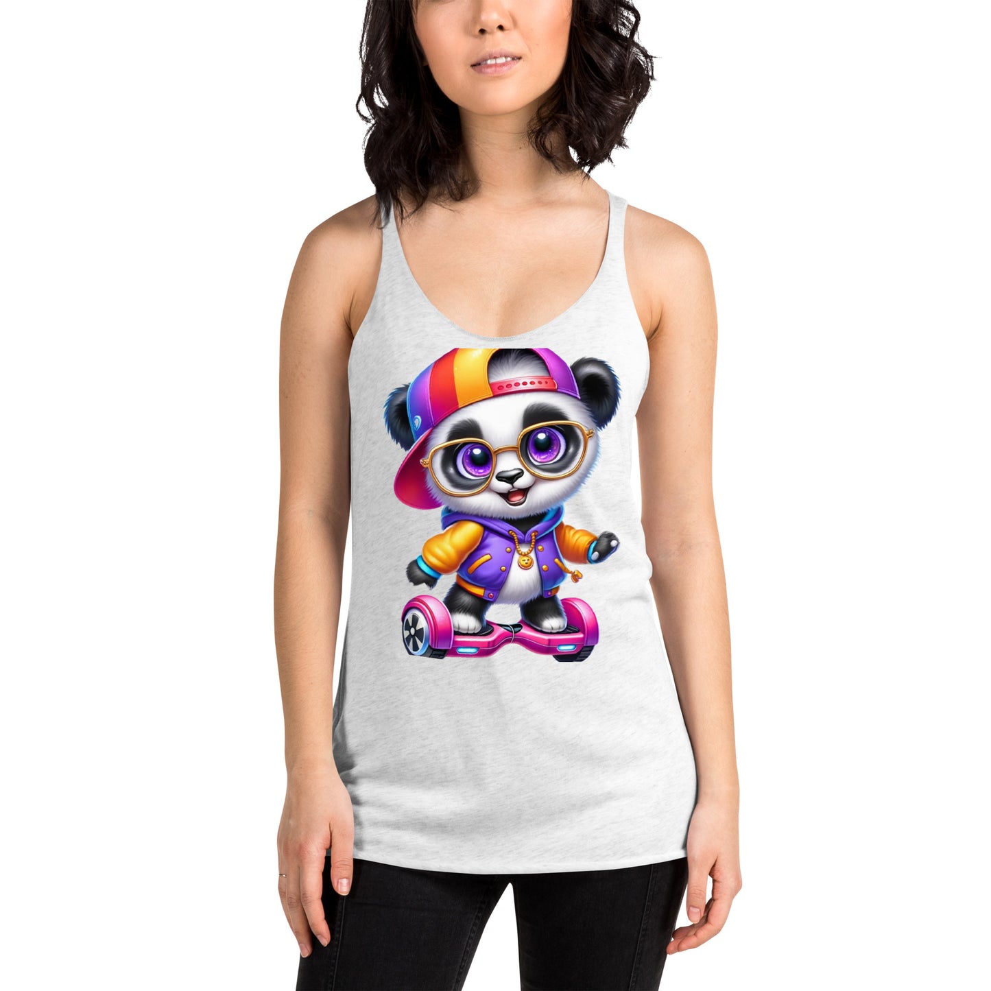 Women's Purpose the Panda Hoverboard Racerback Tank Top - Vibrant Mission 11 Apparel