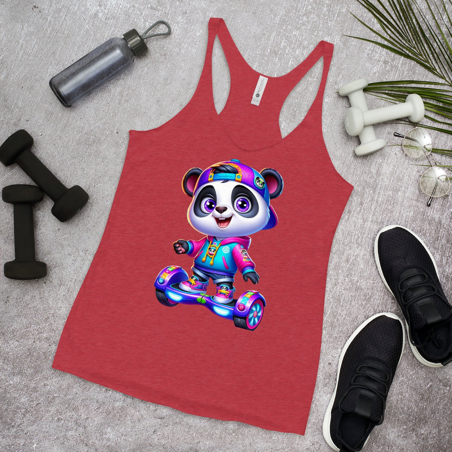 Women's Purpose the Panda Hoverboard Racerback Tank Top - Fun Mission 11 Apparel