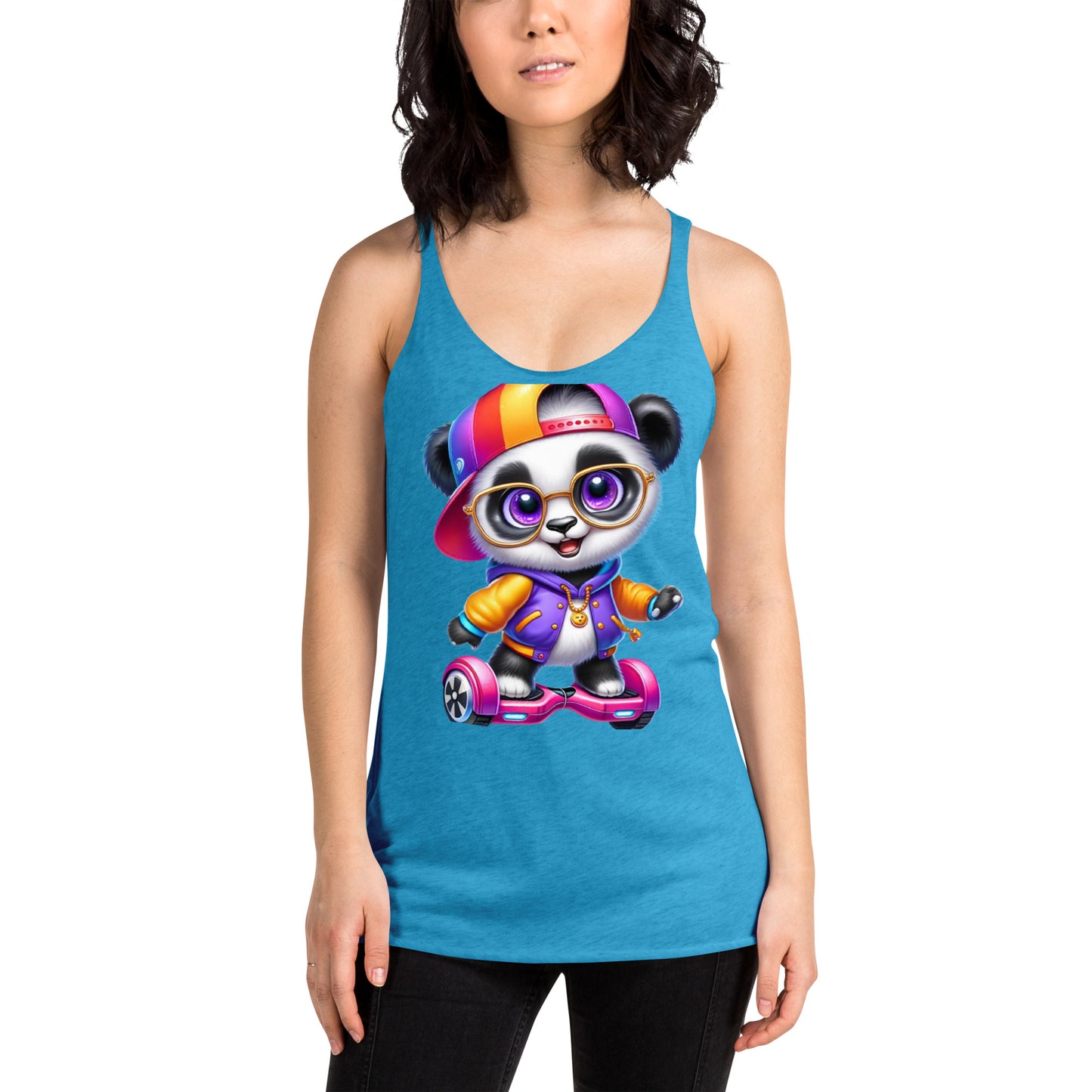 Women's Purpose the Panda Hoverboard Racerback Tank Top - Vibrant Mission 11 Apparel